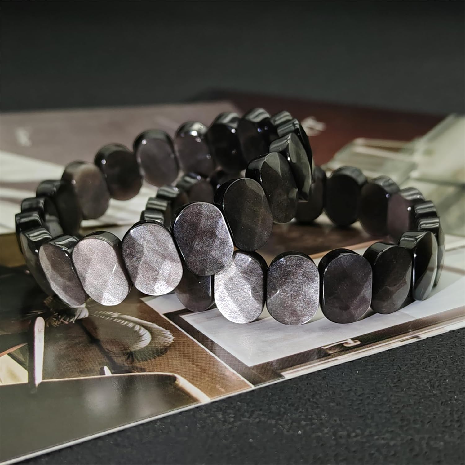 Silver Obsidian Bracelet Cross-cut Natural Crystal Stretch Bracelet Gift for Men Women Christmas Birthday Energy Healing Bring Happiness Luck Wealth - Image 6