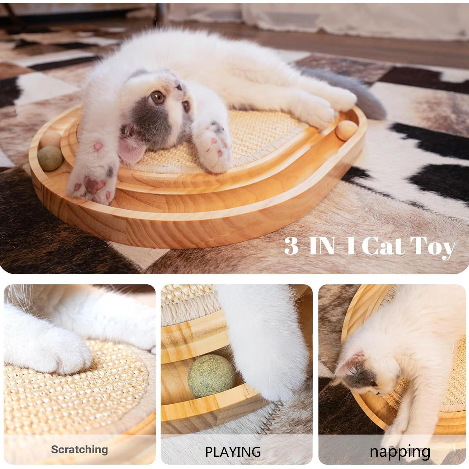 Modernes Kratzbrett für Katzen aus Holz mit Aktivitätspfad und 5 bunten Kugeln für aktive Katzen Innenbereich, Kratzspielzeug aus Holz