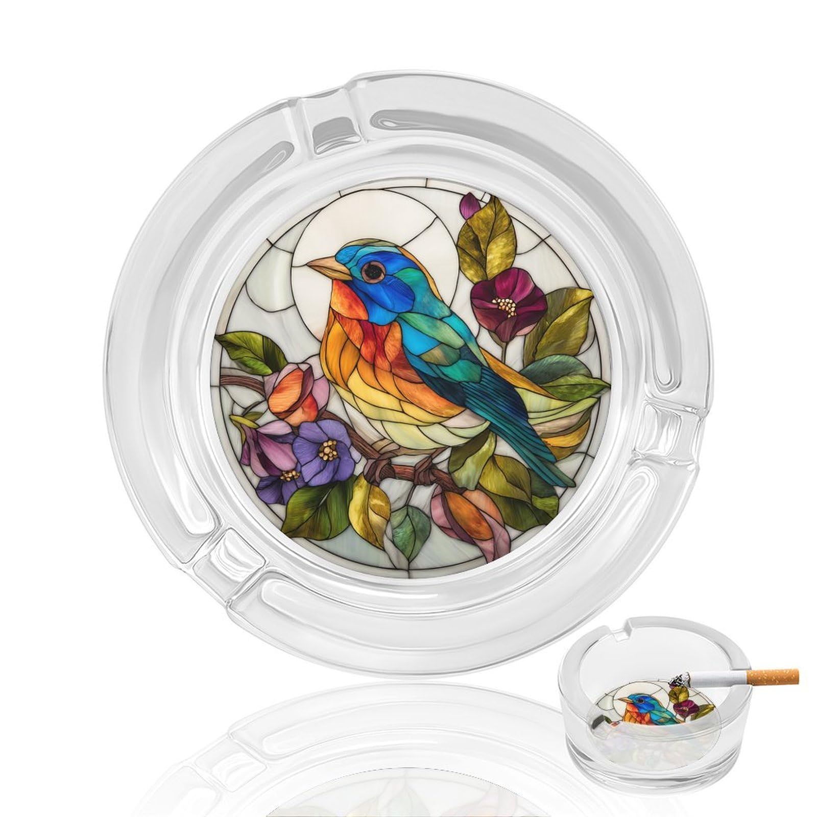 Stained Glass of A Beautiful Bird Tree Flowers Glass Ashtray for Cigarettes Portable Decorative Ash Trays for Home Office Decor