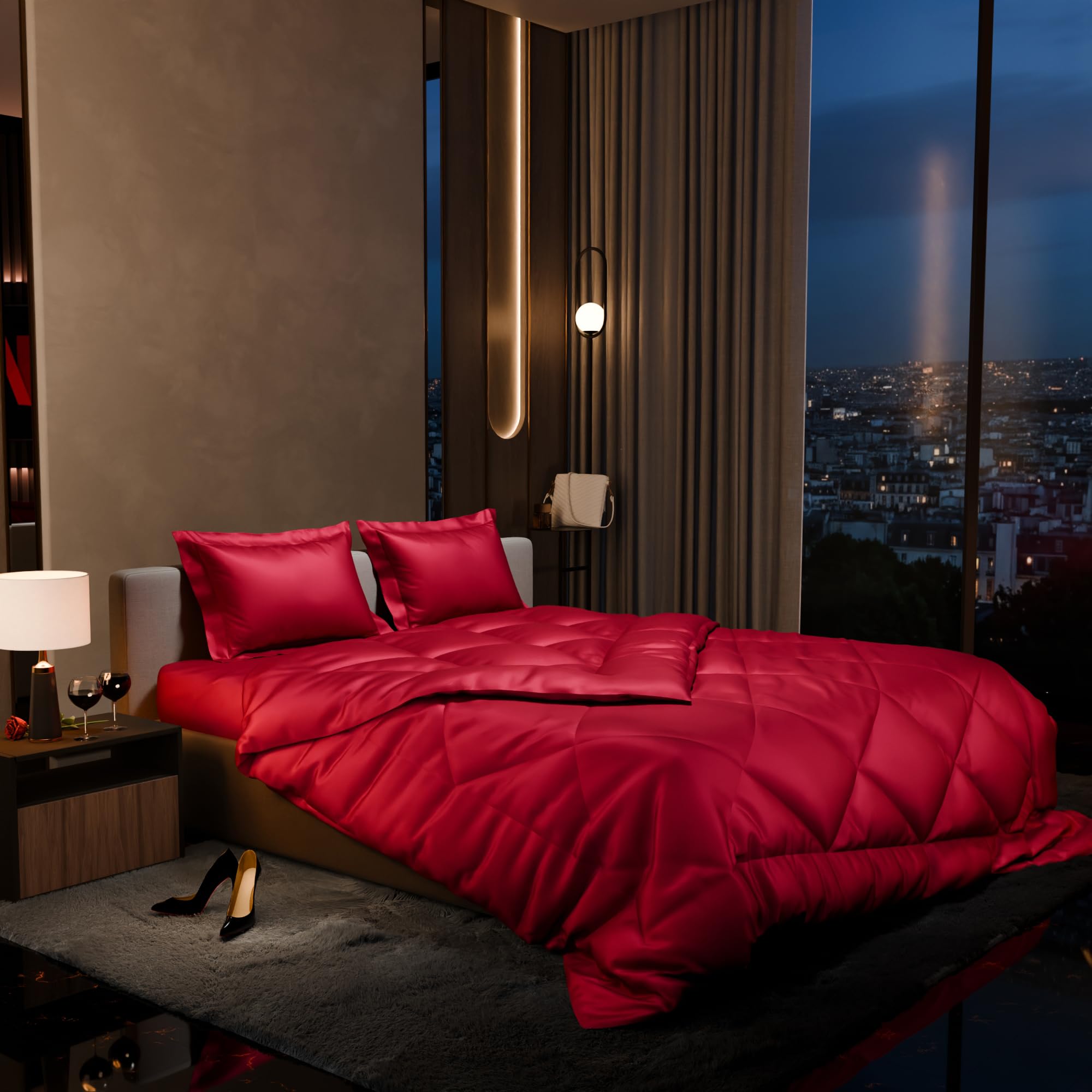 Stoa Paris 300 Tc Satin Comforter Set Double Bed with Satin Bedsheet & Pillow Covers, Complete Bedding Set, Ideal Gifts for Women, Couples, Bedroom Home Furnishing, Date Night Collection - Flirty Red