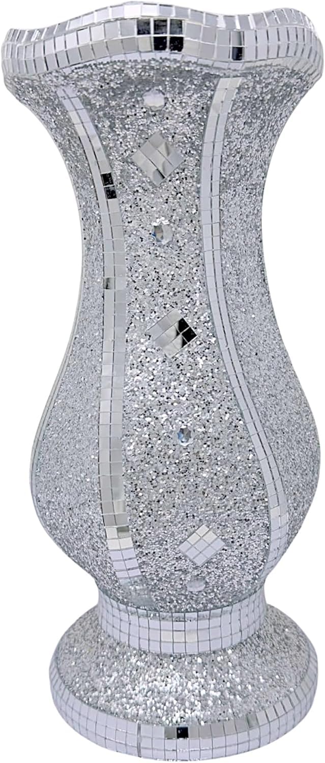 Jayogla Rust And White Silver Decorative Mirrored Vase With Crushed Diamond Effect, Height, Sparkle Crystal Design 30Cm