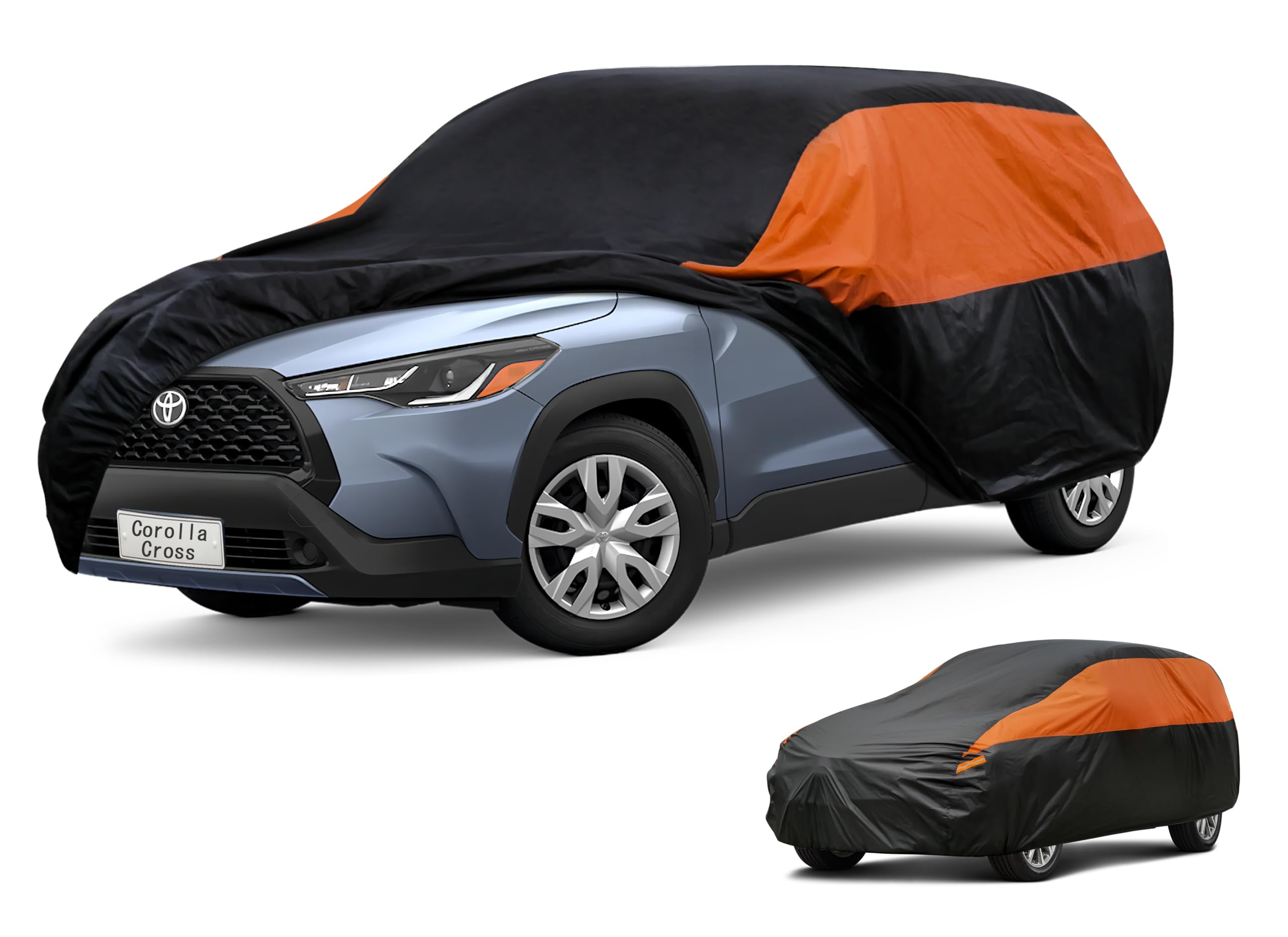 GUNHYI Waterproof Lightweight SUV Full Car Cover Custom Fit Corolla Cross | All‑weather Outdoor sun/rain/dust/snow/wind/UV protection, breathable tear‑resistant fabric, black‑orange design,storage bag