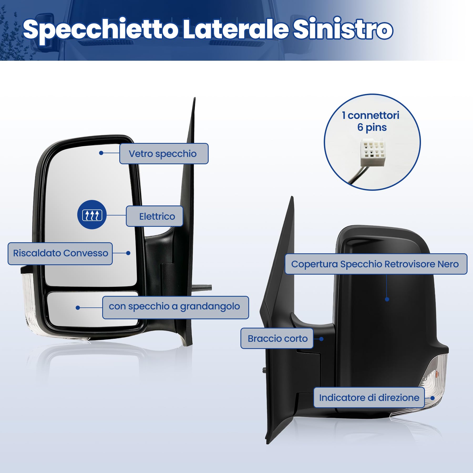 Specchietto Retrovisore Esterno Elettrico per Mercedes Sprinter 906 anno 2006-2020, Sinistro SX Lato Conducente,E-Mark E9