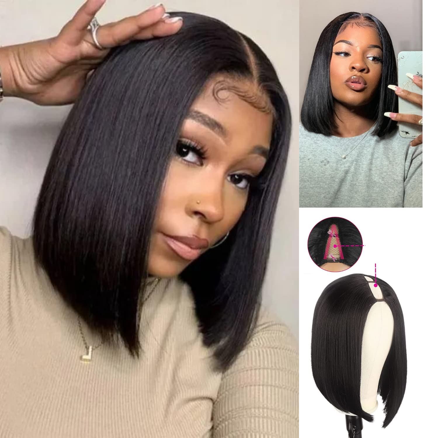 Aisaide V Part Wigs for Black Women Bob Wig Short Bob Straight Half V Part Wig Bob No Leave Out Thin Part Wig Glueless Wigs Upgrade U Part Wig Synthetic Black V Part Half Wig V Shape Wig 12inch 1B