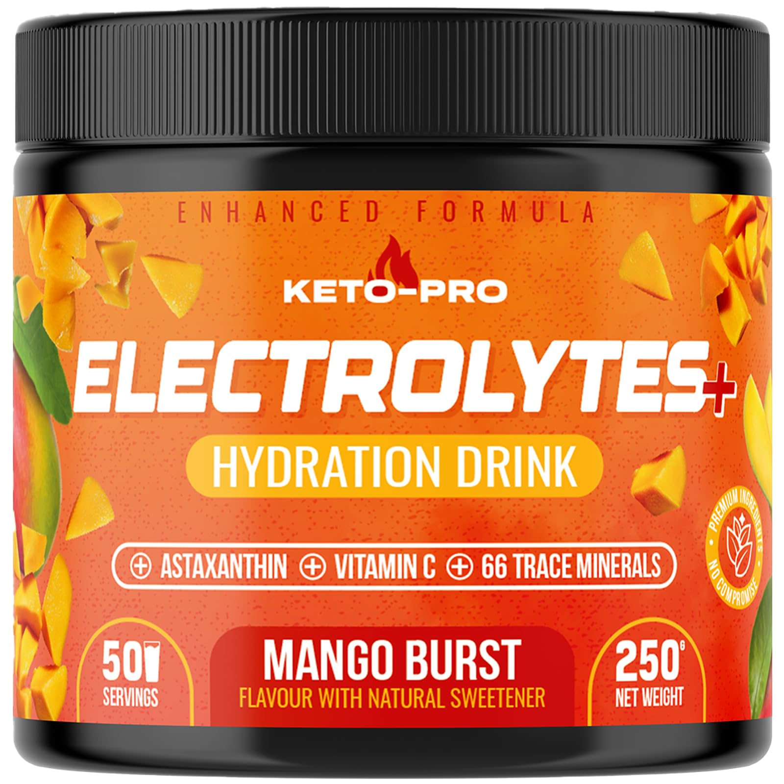 Keto-Pro Keto Electrolytes 250g - 50 Servings | Electrolyte Powder & Salts with Astaxanthin | Supporting Fasting, Health & Fitness Goals | Mango Flavour