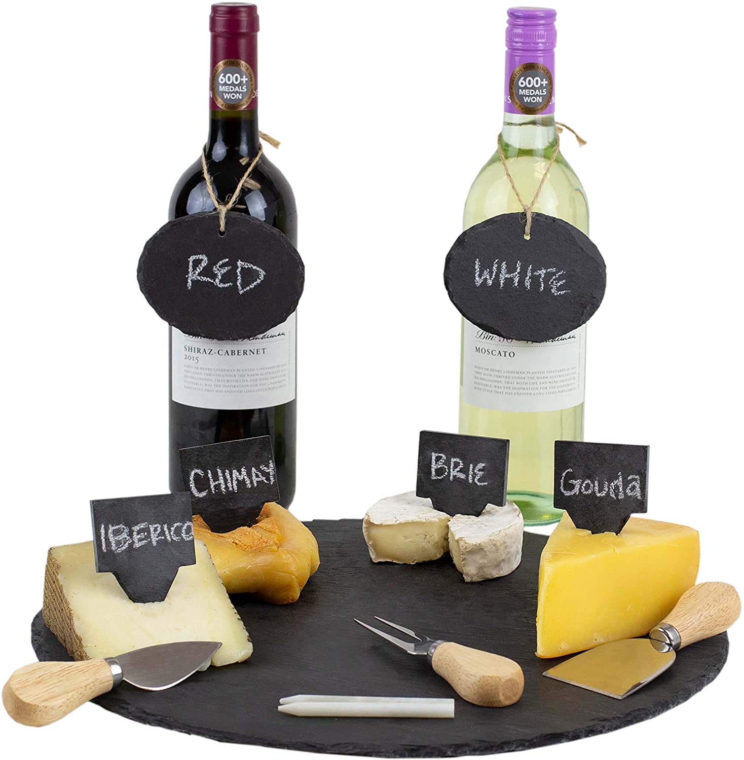 Large Black 12 Piece Genuine Slate Cheese/Charcuterie Board Set 14” Server Plate Tray with Cheese Knifes, Wine Sign and Chalk