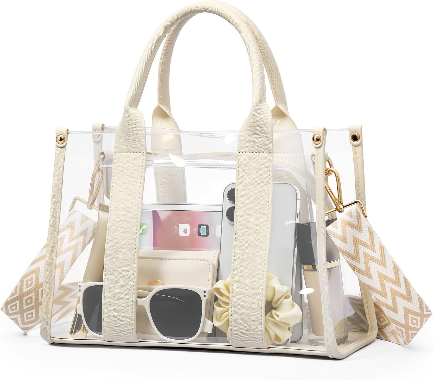 clear tote bags for women, clear bag for stadium events with adjustable straps, handbag purse for sports concert work beige
