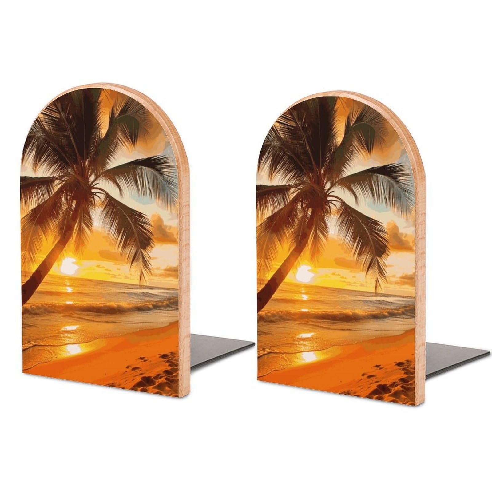 Serre-livres réglable en bois motif plage palmier pour étagère