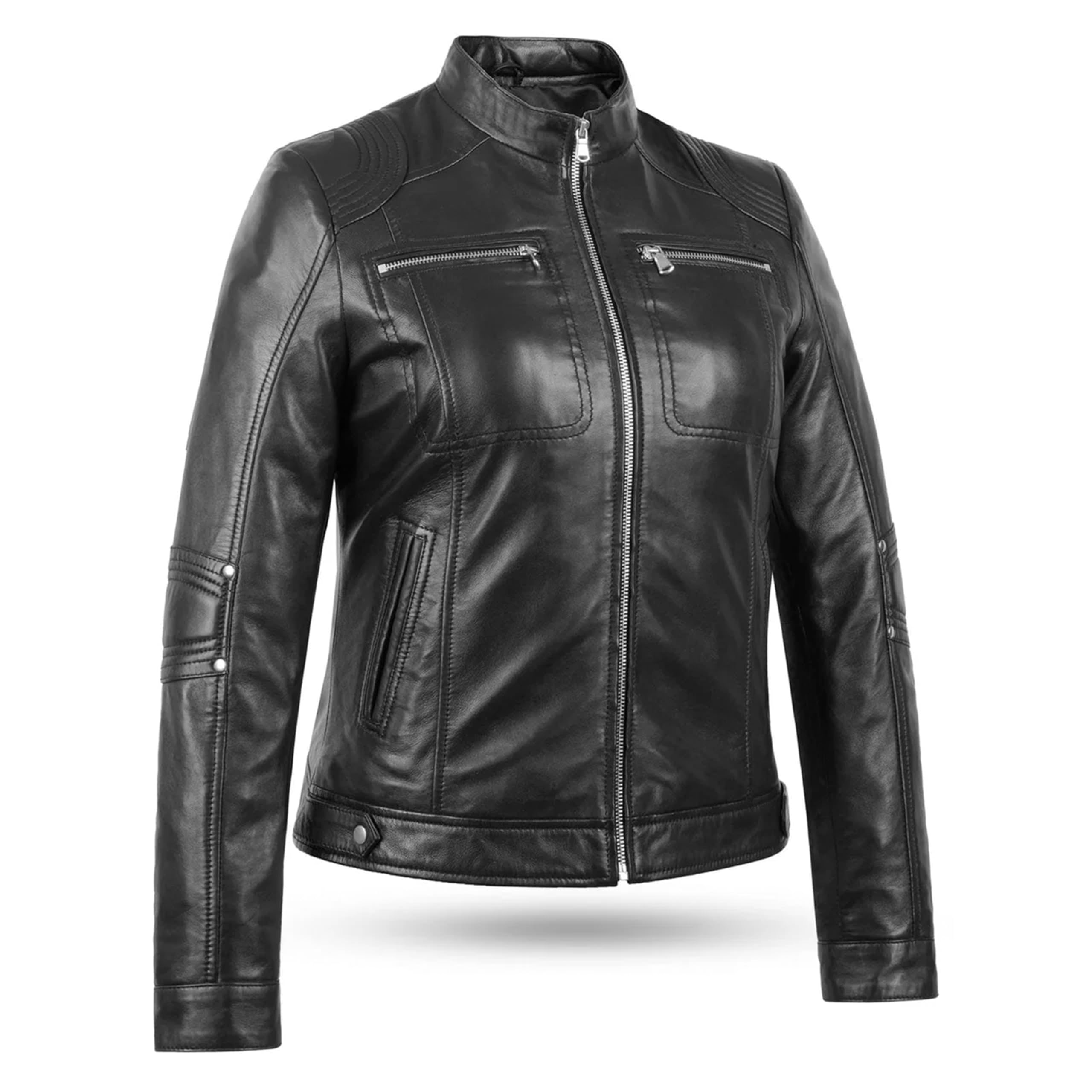 Leatherick Chaquetas moteras de piel de cordero estilo Cafe Racer para mujer - elegante chaqueta de moto con cremallera y bolsillos funcionales