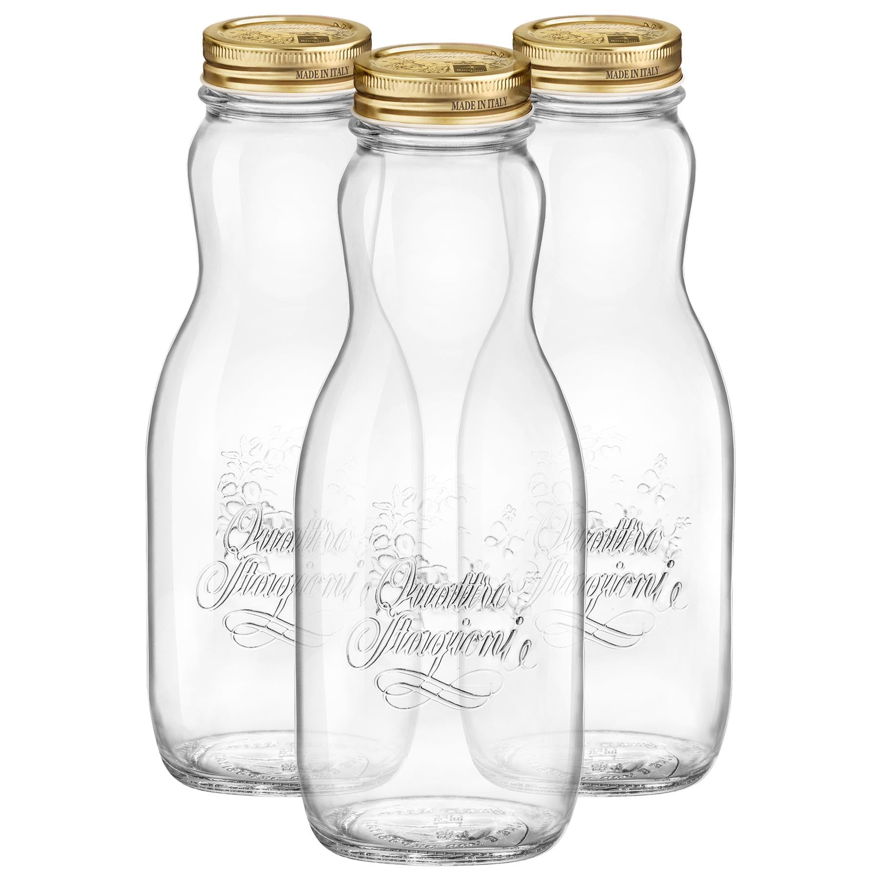Bormioli Rocco Gold 1L Quattro Stagioni Glass Juice Bottles With Screw Top Lid - Pack Of 3