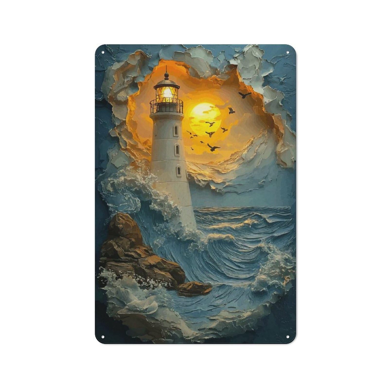 Junmoney Style-5 Metal Plaque With Lighthouse In Stormy Sea Design 30X20cm, Cosy Diner Style Decor For Coffee Bar, Kitchen, Bistro Or Tea Corner