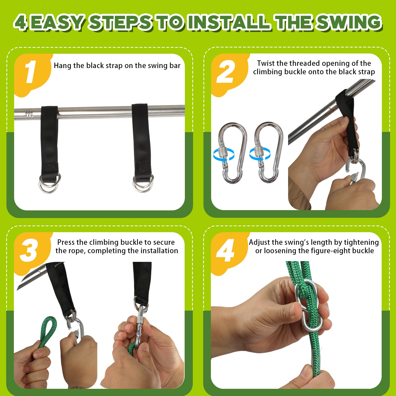 Columpio de punto a mano, asiento de cuerda verde de 74 a 112 pulgadas con broche de presión, cuerda de escalada profesional resistente en forma de U, respaldo de espuma antivuelco, juegos de