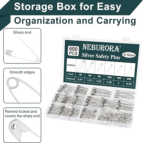Miniatura 3 de NEBURORA 600 pines de seguridad negros de varios tamaños, pasadores de seguridad pequeños y grandes para ropa, hogar, escuela, oficina, costura,