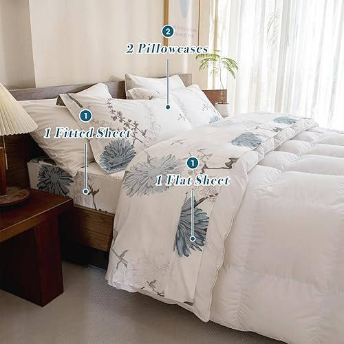 Miniatura 5 de Lady Ann Sábanas florales 100% algodón tamaño matrimonial, flores azules impresas en blanco roto sábanas botánicas de algodón tamaño matrimonial