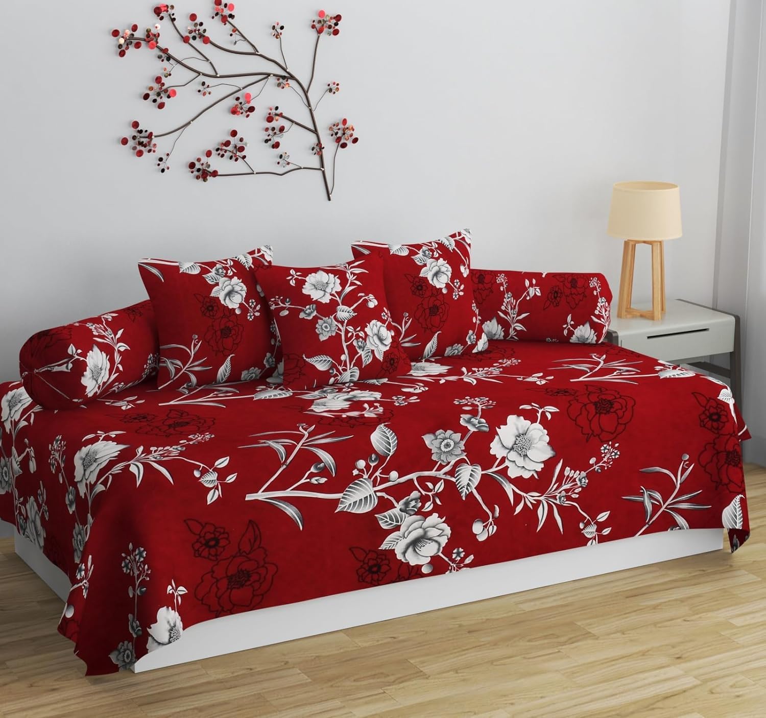 HOMICON Glace Cotton Floral Printed Diwan Set Covers 8 Pieces - 1 Single Bed Sheet (60 X 90) with 5 Cushion (16 X 16), 2 Bolster Covers (16 X 32) - Maroon-image-38