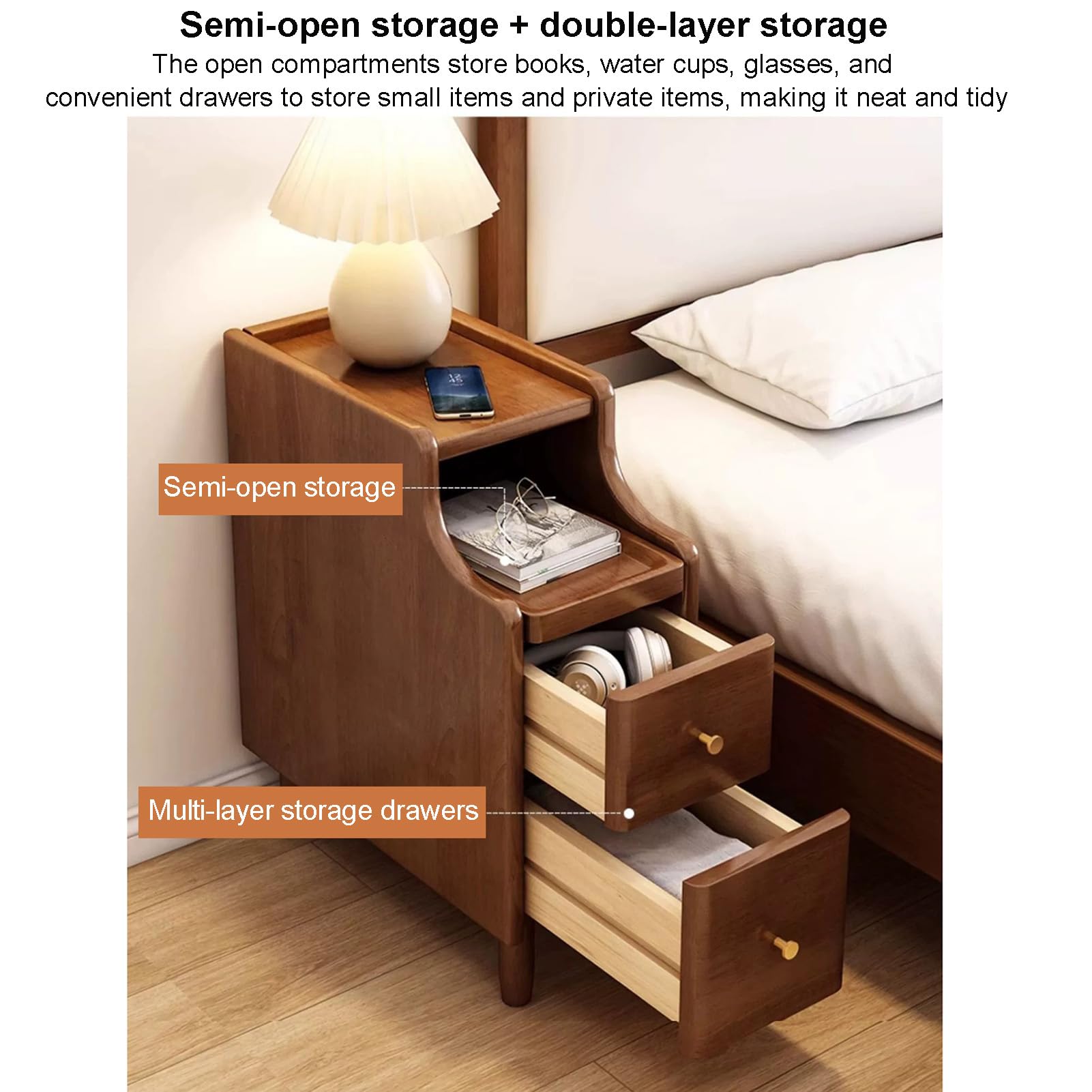 Smal Nachtkastje met 2 Lades En Open Schuifplank, Massief Houten Nachtkastje Mid Century Modern Nachtkastje, Compact Bijzettafeltje voor Slaapkamer Woonkamer(30x40x52cm(12x16x20inch), White