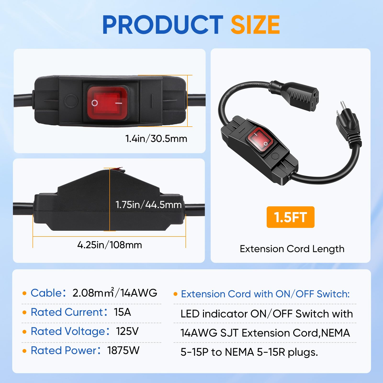 Cable de extensión para exteriores con interruptor impermeable de encendido/apagado, enchufe de 3 clavijas con conexión a tierra de 15 A, 125 V, cable de extensión corto de 1875 W para luces, cable de