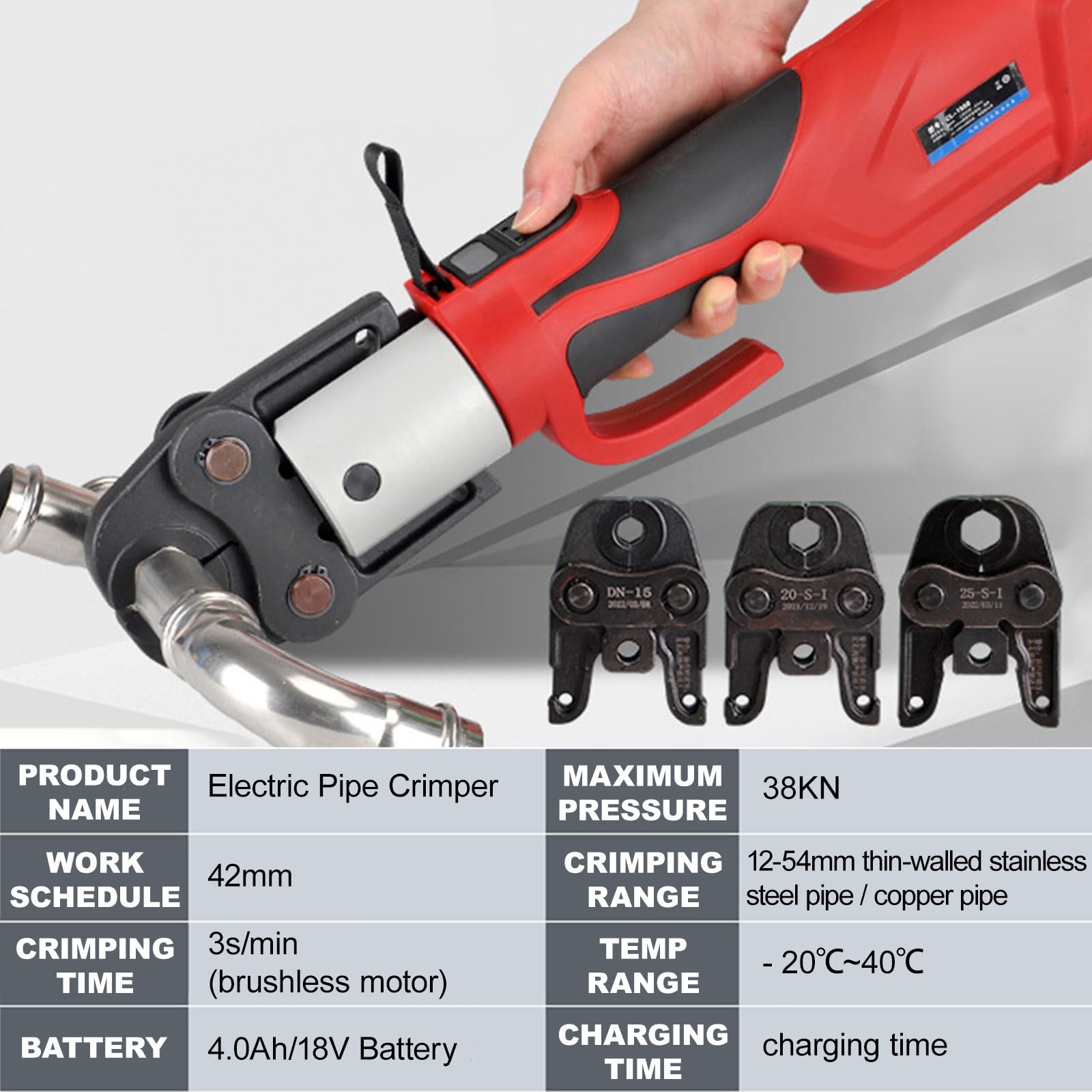 Herramienta de prensado Profesional, Herramienta de prensado de tuberías eléctrica de 18 V para tuberías de Acero Inoxidable, con Motor sin escobillas, 3 mordazas de PREN