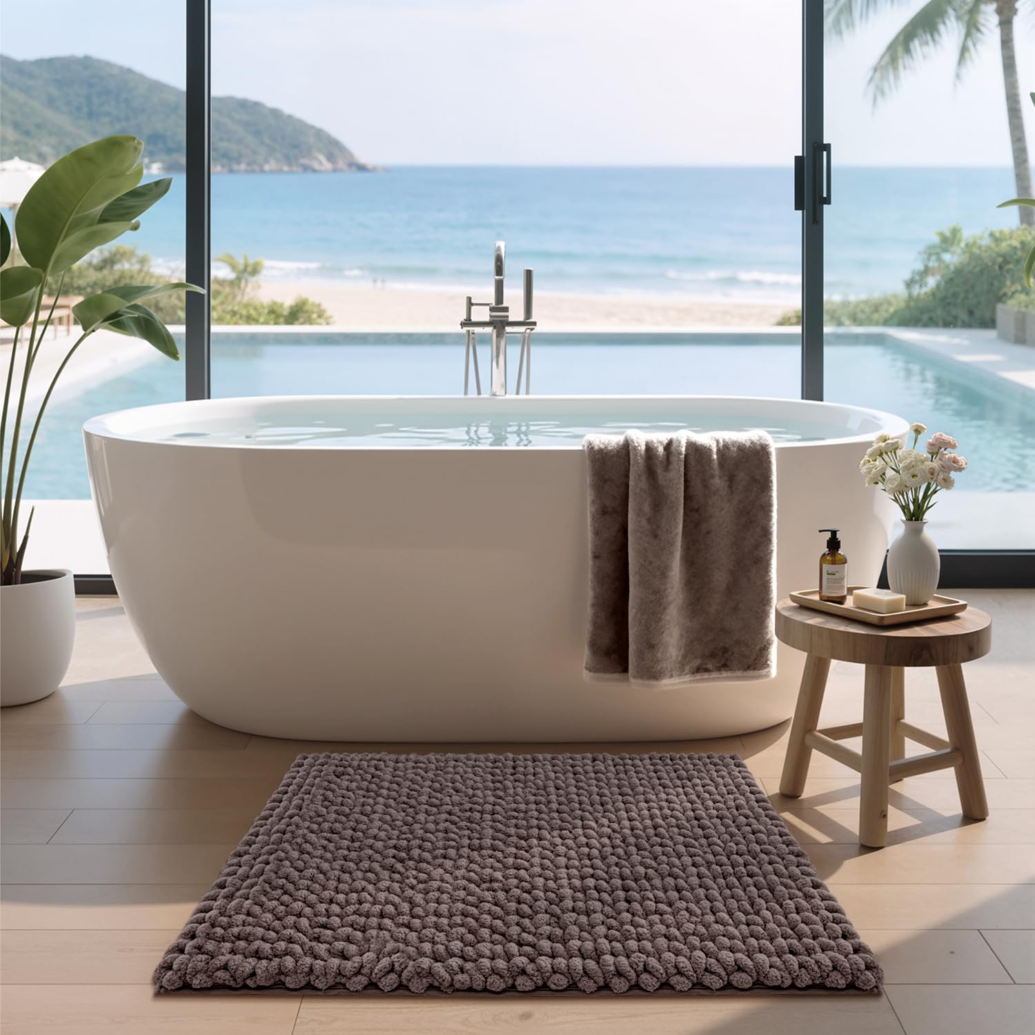 LUMI Alfombra de Baño Antideslizante de Chenilla, Extra Suave y Mullida, Súper Absorbente, Secado Rápido, Lavable a Máquina, para Ducha y Cuarto de Baño, Marrón, 60 x 110 cm