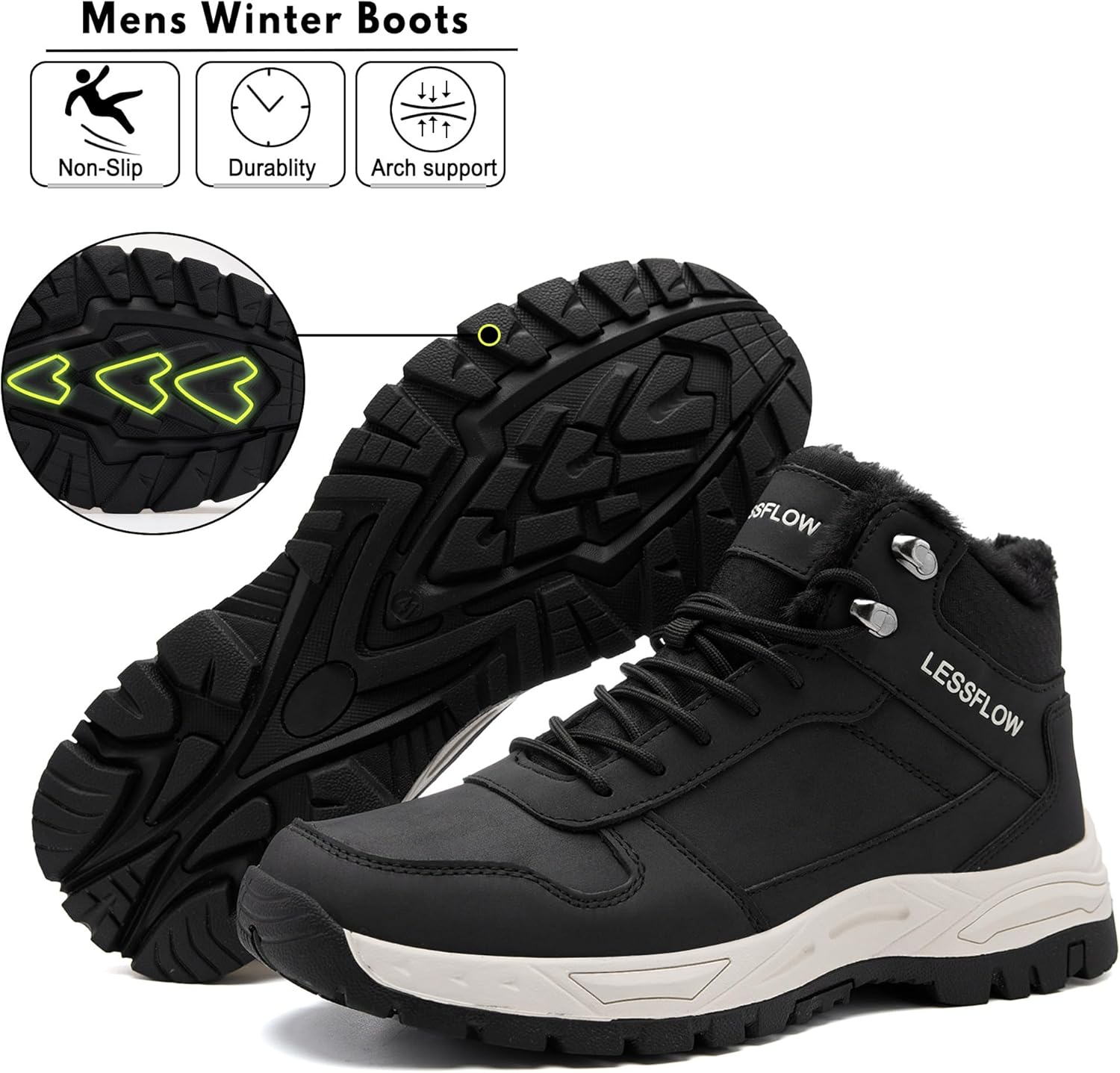Mens Winter Snow Boots Warm Fur Lined Hiking Boots Anti-Slip Walking Ankle boots Leather Outdoor Shoes 11.5 Black image 3 of 6 B0DG25JTKM