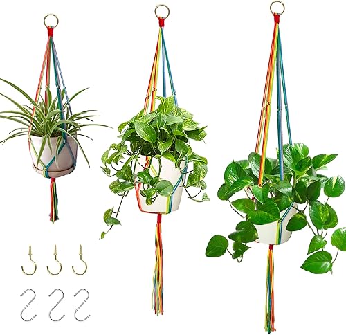 Perchas de macramé para interiores y exteriores, paquete de 3 soportes para macetas de diferentes tamaños, soporte para plantas colgantes para
