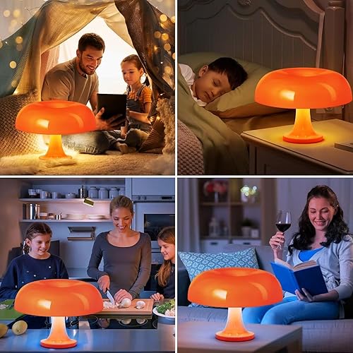 Miniatura 7 de Lámpara de hongo naranja de 25 W, lámpara de mesa LED retro con 3 temperaturas de color y 4 bombillas, luz de mesita de noche moderna de mediados de
