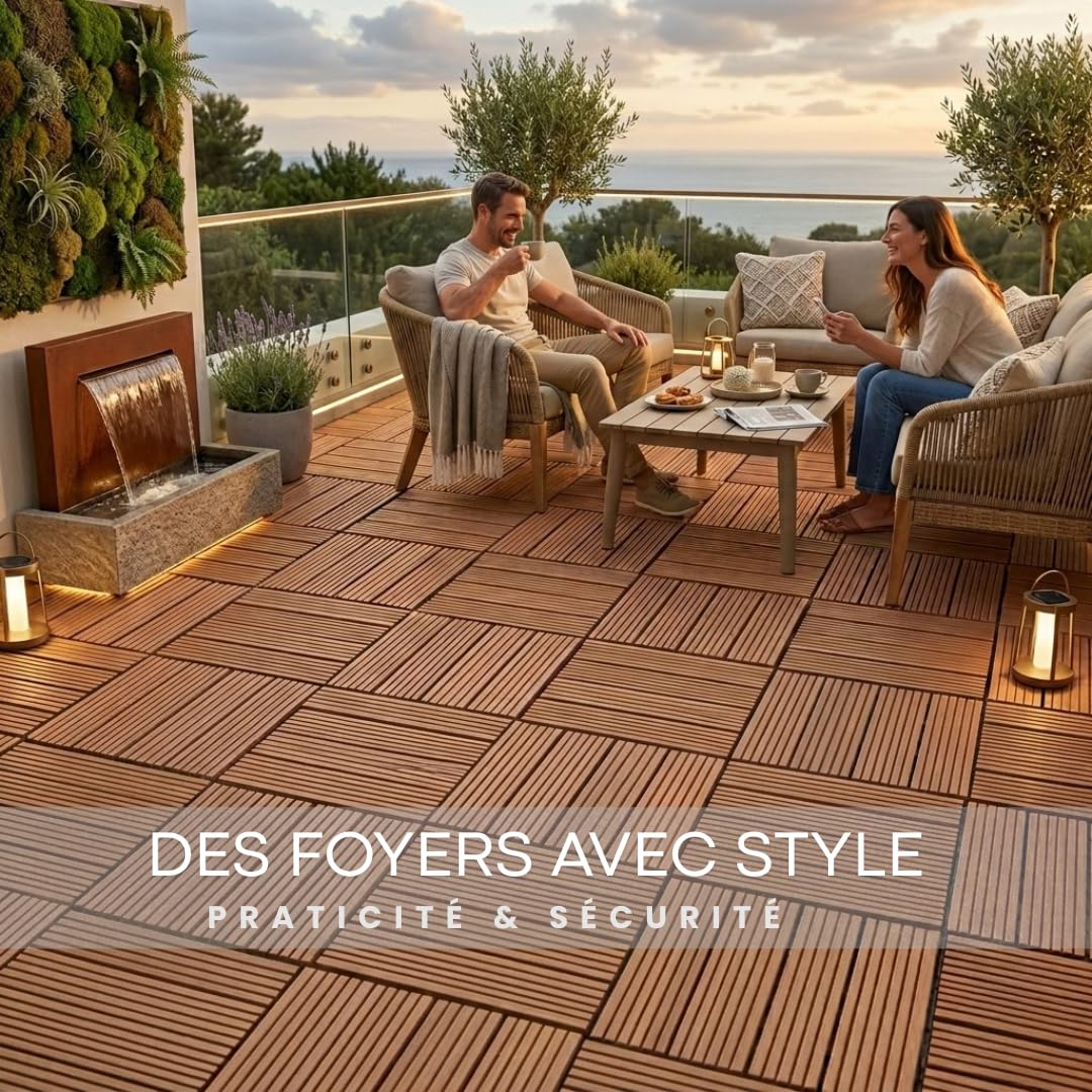 ActivoTex Dalles Terrasse WPC 30x30 cm Lot de 10 – Dalle Clipsable Extérieur Antidérapante, Sol Terrasse Extérieur et Sol Balcon Exterieur Résistant à l’Eau pour Salle de Bain et Douche