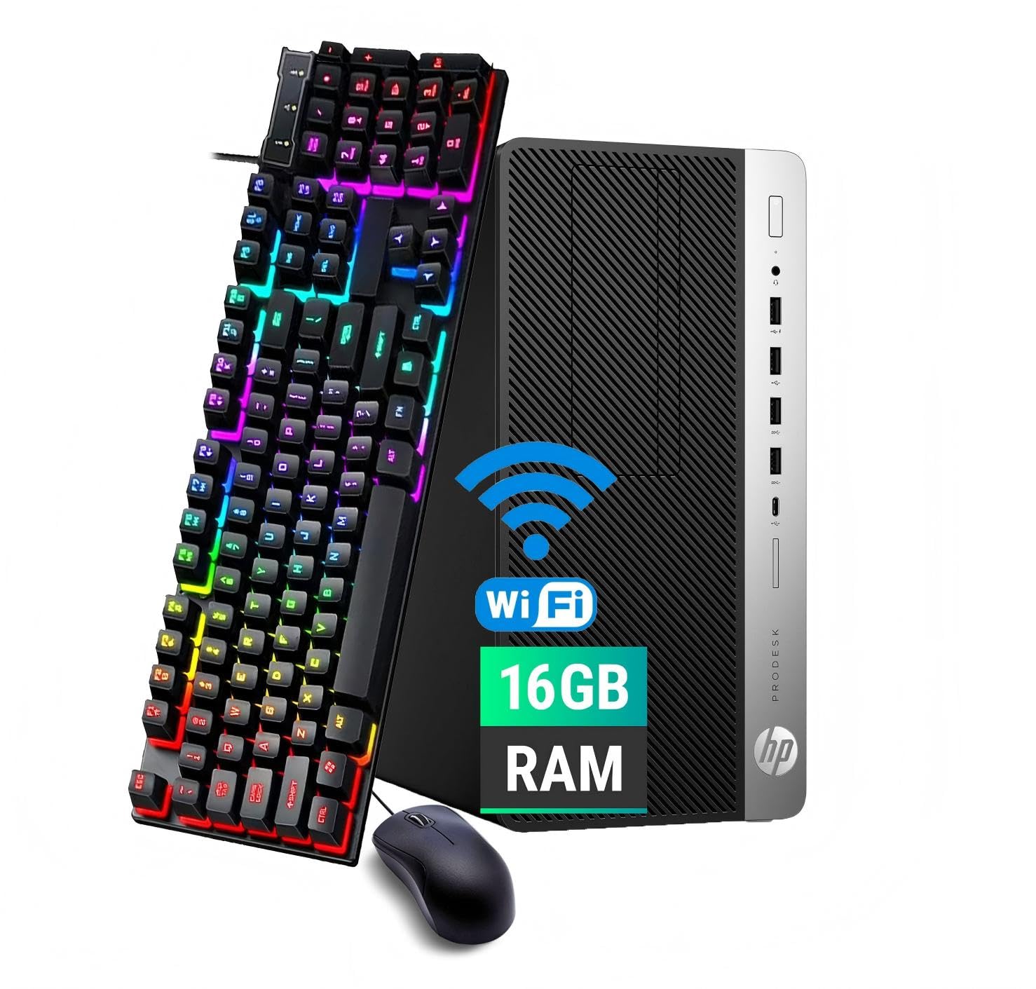 HP ProDesk 600 G4 Mini Tower Desktop Computer, Intel Core i7-8700, 16GB RAM, SSD 512GB, Bluetooth, teclado QWERTY RGB, ratón, USB WiFi, Windows 11 Pro (reacondicionado)