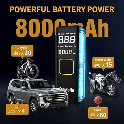 Miniatura 3 de Inflador de neumáticos Compresor de aire portátil para automóvil, inflado 2 veces más rápido con batería de 8000 mAh y cable de CC, bomba de