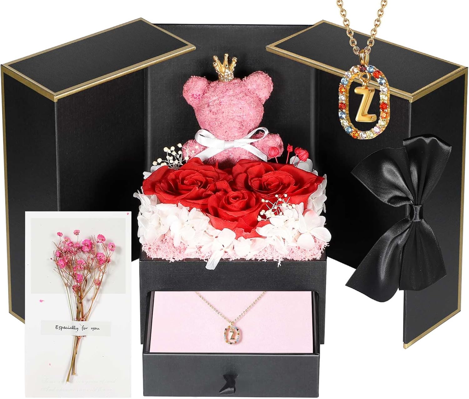 Valentine Gifts for Women Mom Girlfriend Wife Preserved Forever Flowers Roses Bear with 18K Gold Plated Necklace Z, Eternal Flowers Rose Anniversary Birthday Gifts for Her Mother from Daughter