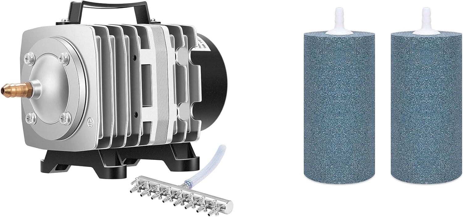 VIVOSUN Commercial Air Pump 1110 GPH 8 Outlet 40W 70L/min for Aquarium and Hydroponic Systems, and Air Stone 2PCS 4 x 2 Inch Large Air Stone for Aquarium