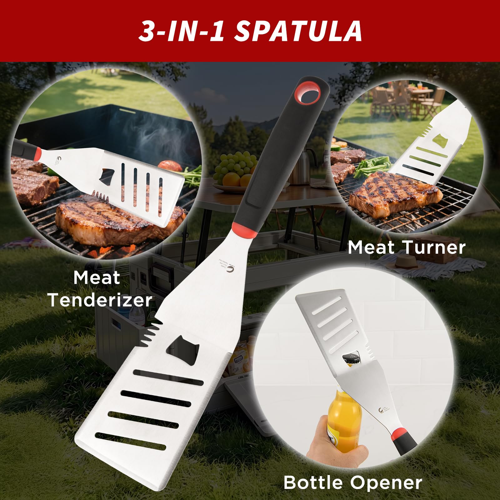 JJ19627 - Juego de herramientas para barbacoa, espátula, tenedor y pinzas de acero inoxidable, con bolsa portátil, accesorios esenciales para barbacoa y parrilla, regalos de cocina para hombres