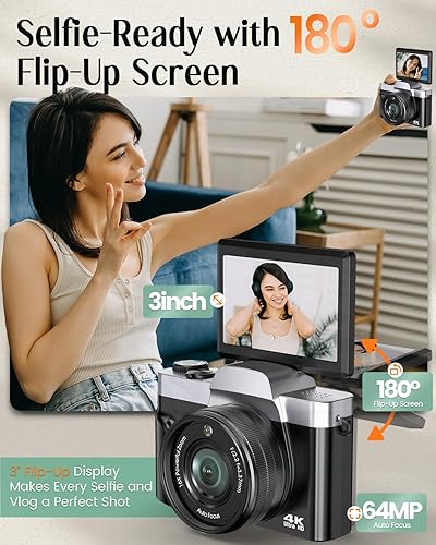 Miniatura 5 de Cámara digital 4K para fotografía con WiFi, cámara de videoblogs de 64 megapíxeles con enfoque automático para YouTube, cámara compacta de viaje de