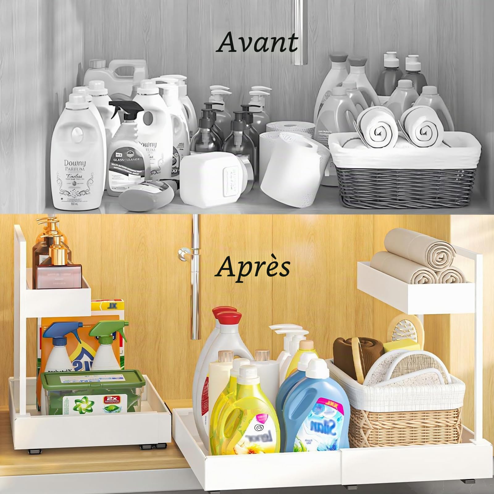 YunNasi Extensible Rangement Sous Evier, Organisateur Cuisine 2 Niveaux, Rangement et Organisation de Cuisine, Tiroir Coulissant Cuisine pour Salle de Bain, Armoire, Placard (Blanc)
