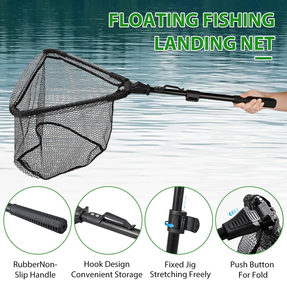 Épuisette Pêche Pliable, Caoutchouc Filet Téléscopique Landing Net Antirouille Alliage D'aluminium Nylon Filet de Pêche 95 cm avec Poignée, pour Etangs Truite Carpe Salmon Attraper et à Libérer