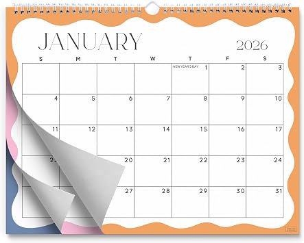 S&O Modern Wavy 2026 Wall Calendar - Tear-Off Monthly Calendar through December 2026-18 Month Academic Wall Planner - Hanging Organizer to Track Anniversaries & Appointments - 13.5"x10.5in