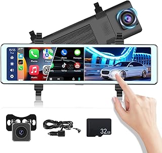 Mirror Dash Cam Wireless CarPlay Android Auto Rearview Mirror Camera for Cars Trucks 11.26”1080P HD Full Touchscreen Front & Rear Dual Cameras FM Night Vision Parking Assistant Loop Record 32G Card