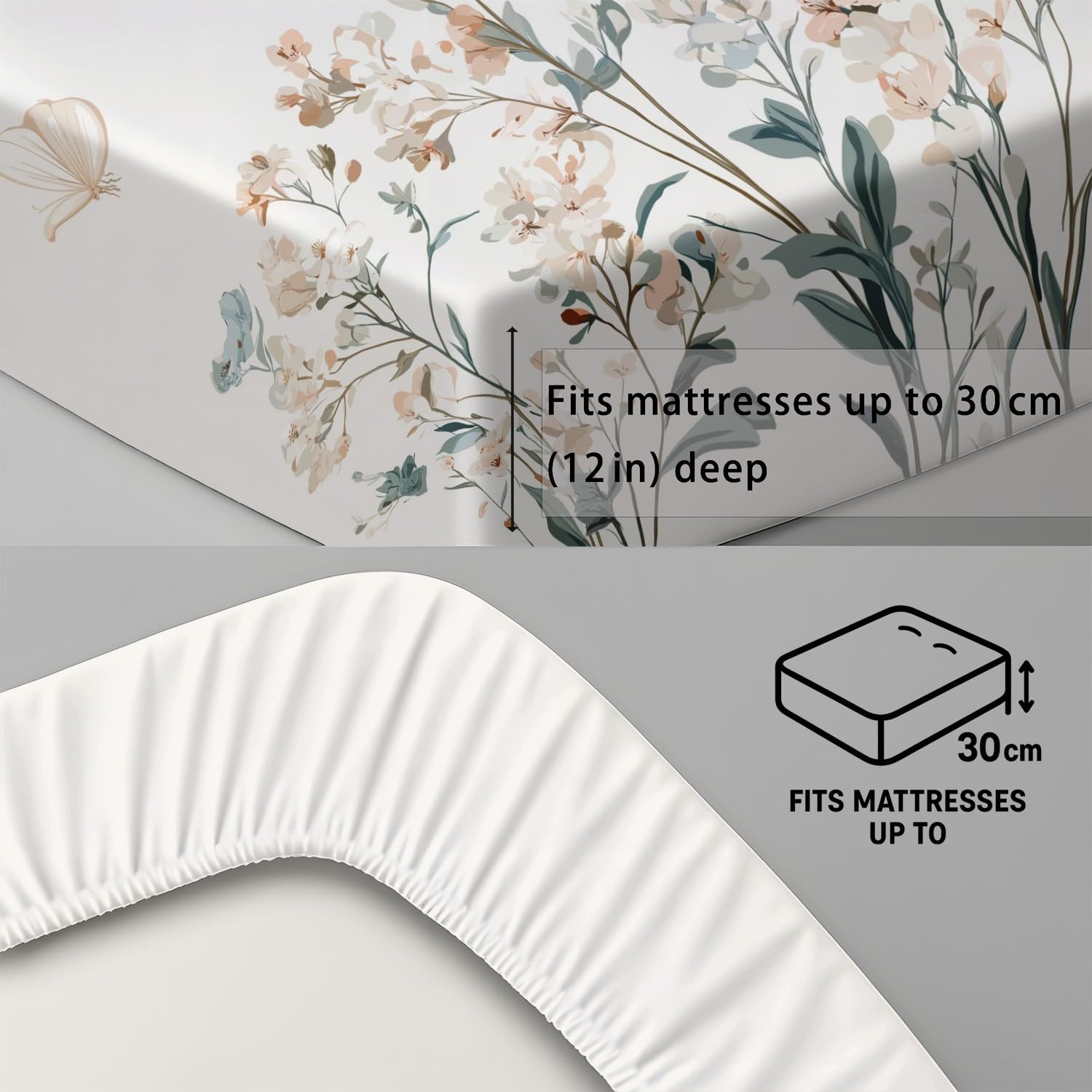 Minimalistisch Blumen Spannbetttuch 140 x 200 x 30 cm 3teilig 2 Kissenbezüge 80 x 80 cm Elegant Blumenmuster Schmetterling Spannbettlaken Set für Kinder Jugendliche Erwachsene Mikrofaser Bettwäsche
