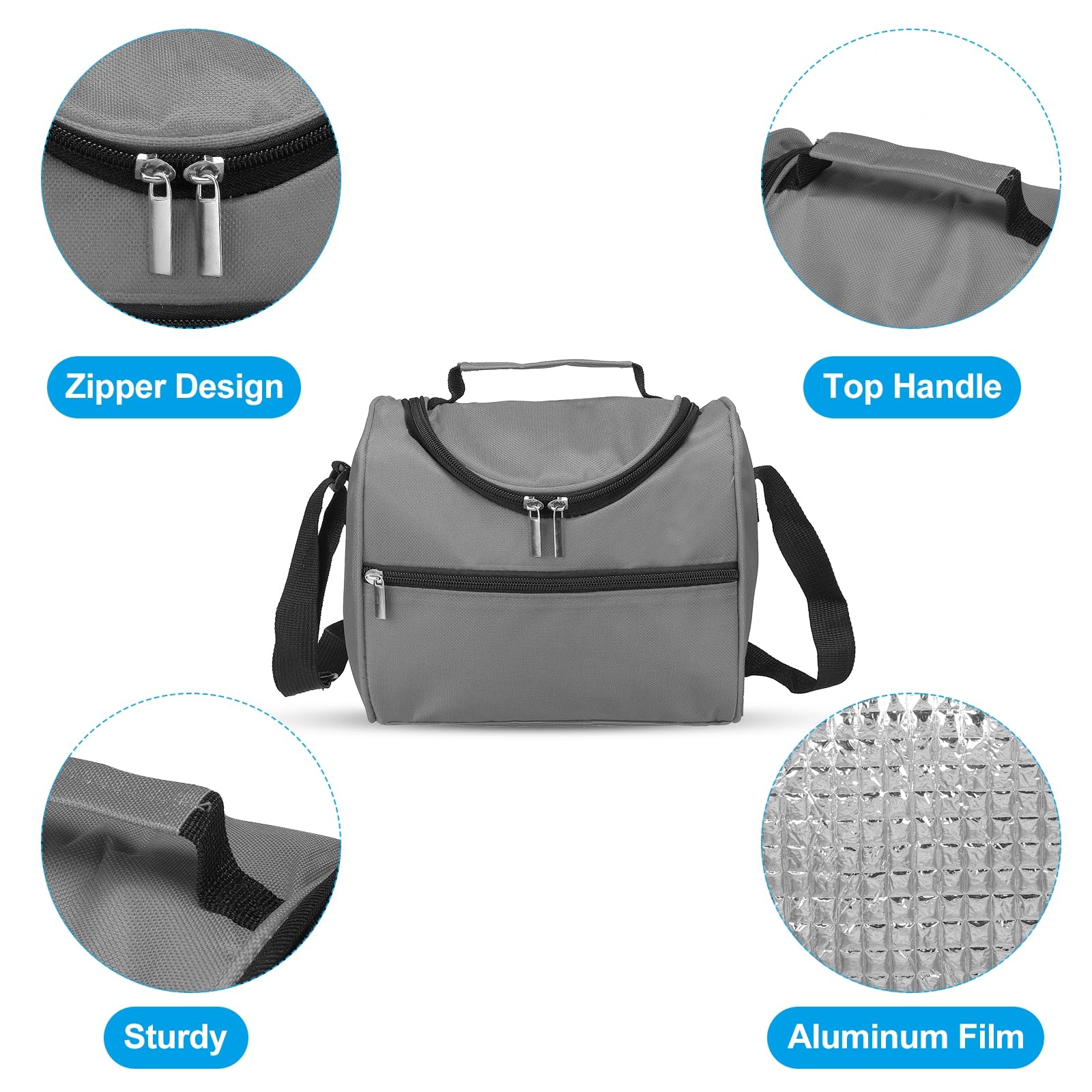 Boîte à déjeuner pour femmes/hommes, sac à déjeuner isotherme, sac fourre-tout thermique, récipient à déjeuner réutilisable 7,9 x 5,5 x 8,3 pouces pour le travail, pique-nique en plein air, gris