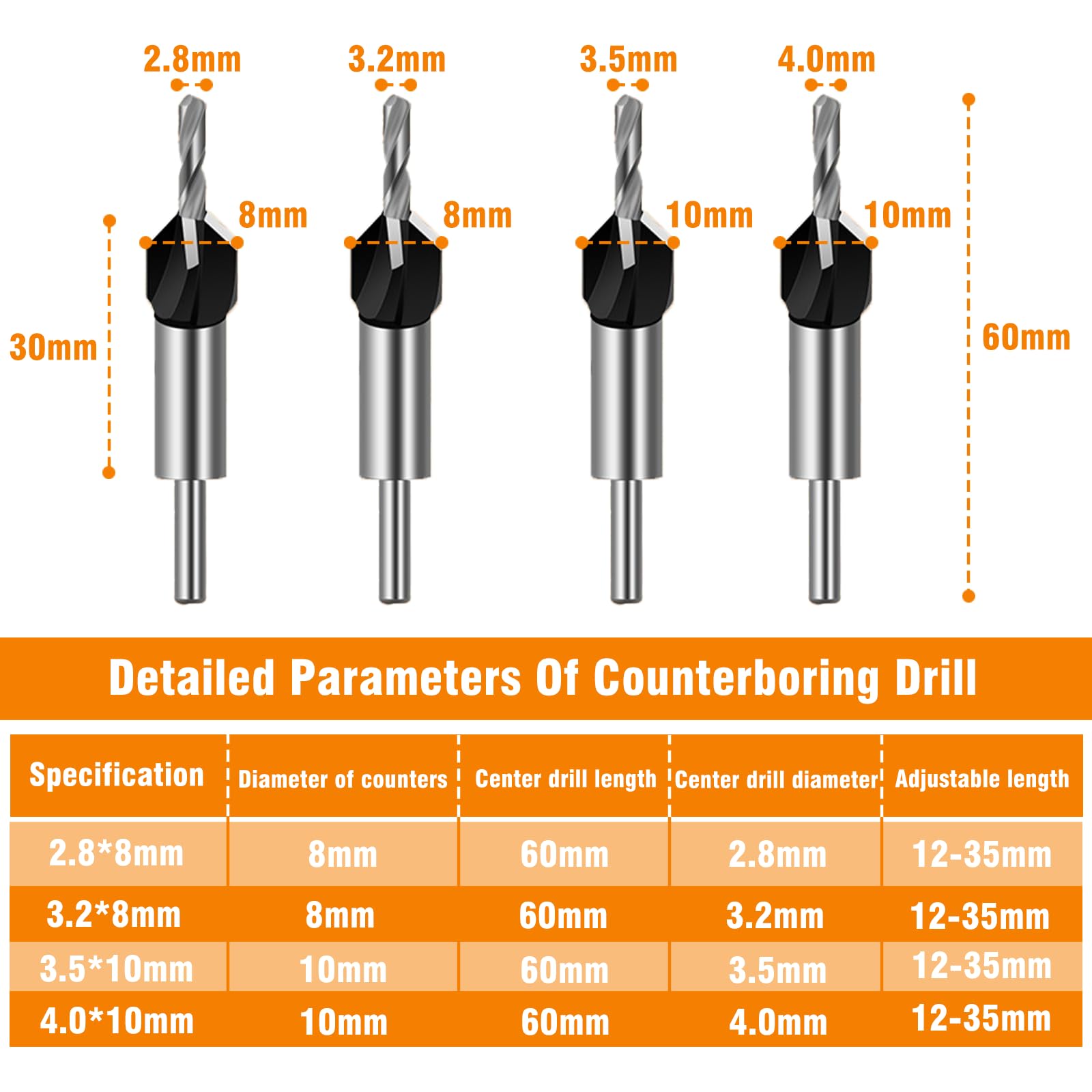 Professional Grade Countersink Drill Bits Set including Depth Stop, Adjustable Depth Woodworking Hex Shank Counter Bit - Image 4