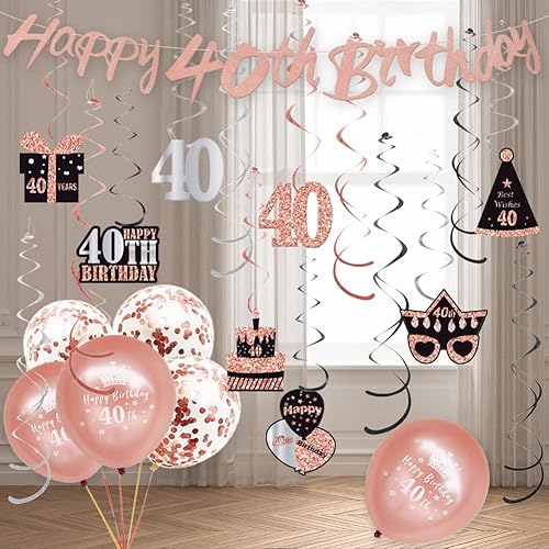Miniatura 7 de WOJOGO Decoraciones de cumpleaños de 40 años para mujeres, oro rosa y negro, decoraciones de cumpleaños de 40 años para mujeres y hombres, pancarta