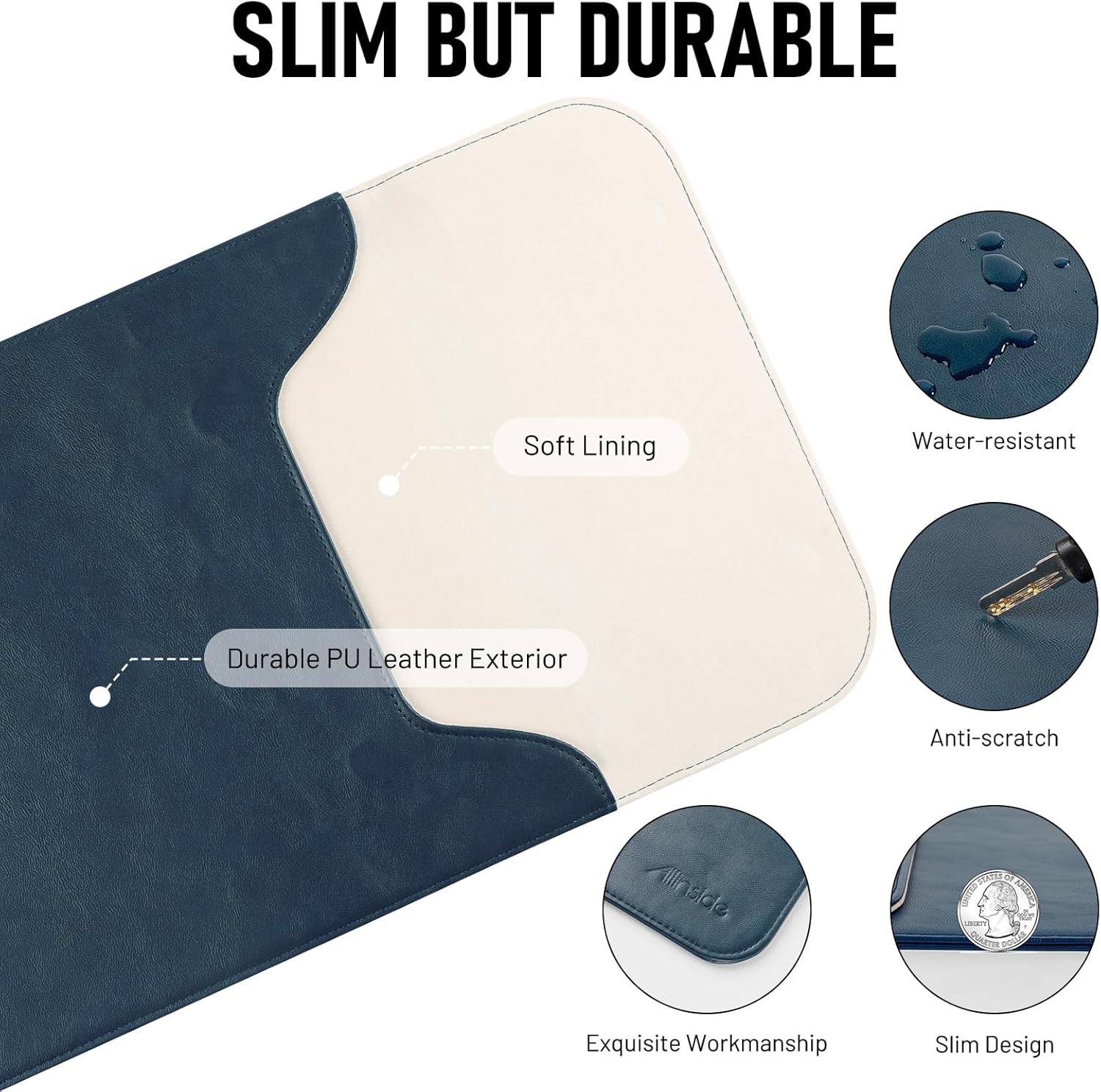 Allinside 15-16 inch Laptop Sleeve Case Compatible with MacBook Pro 15 2016–2019/MacBook Pro 16 2021–2024, Waterproof PU Leather Laptop Sleeve Bag Protective Vertical Case Cover, Blue - Image 3