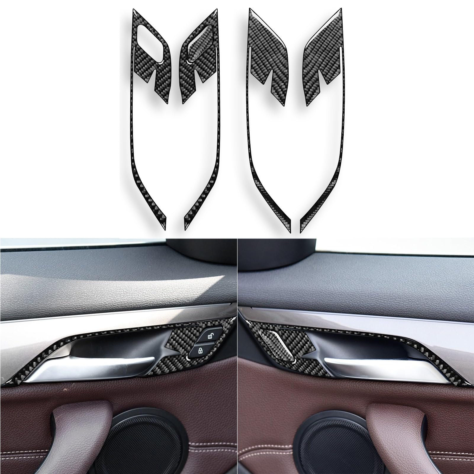 Real 3K Black Carbon Fiber Car Inner Door Handle Switch Panel Door Lock Control Frame Decoration Sticker Auto Interior Accessories Compatible with BMW X1 F48 F49 2016-2022/X2 F39 2018-2022