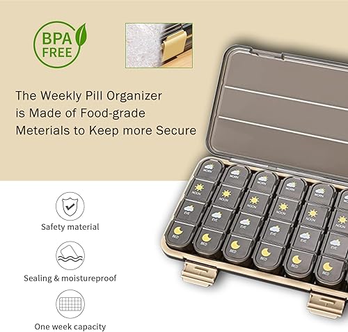 Miniatura 2 de Organizador semanal de píldoras, pastillero 4 veces al día, organizador de medicamentos 7 días, pastilleros diarios portátiles para vitaminas,