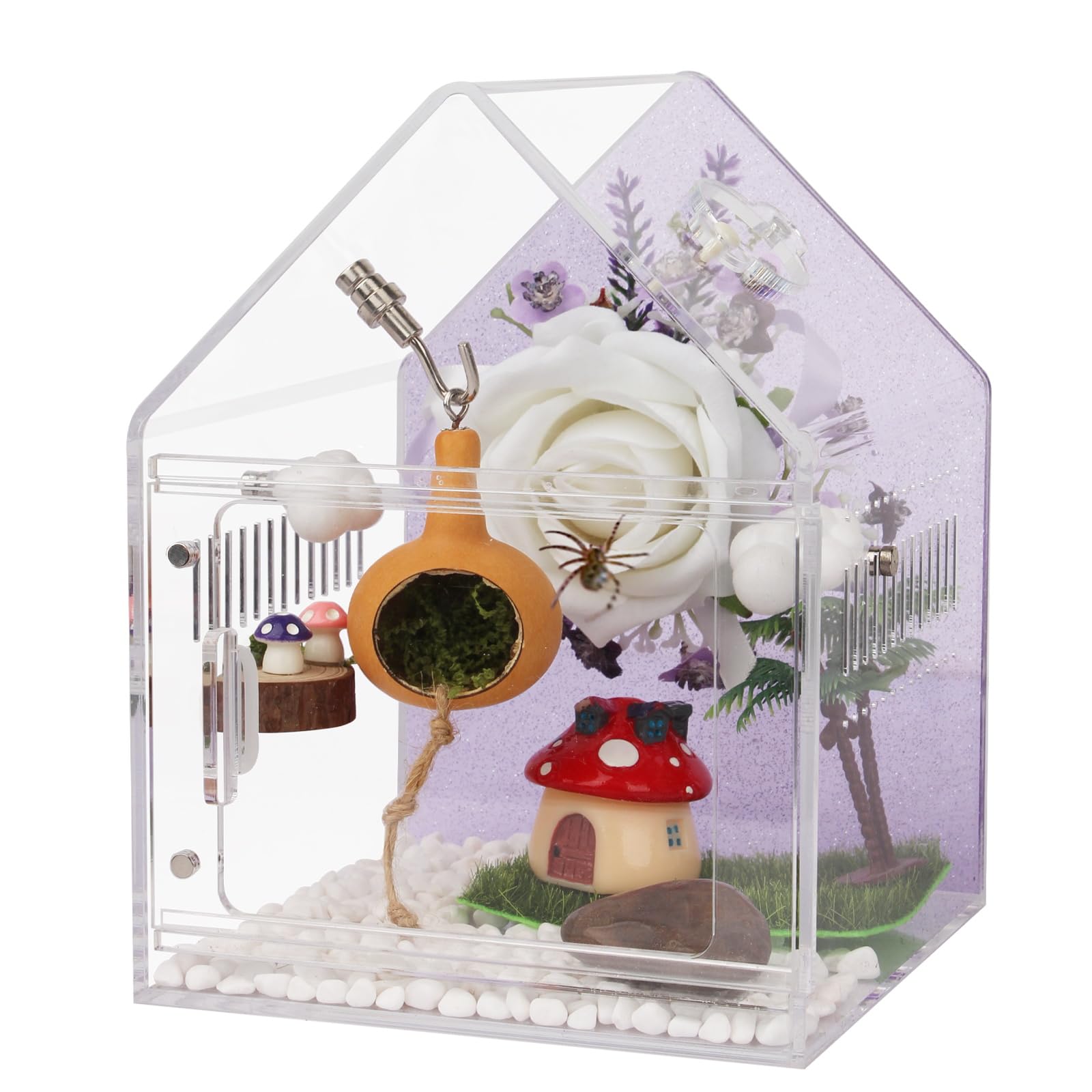 Magnetic Acrylic Spider Enclosure 5.3x5.3x7.3 Inch, House Shape Terrarium with Sparkling Purple Background for Jumping Spiders, Tarantula Slings &amp; Mantis, Escape-Proof Habitat with Ventilation