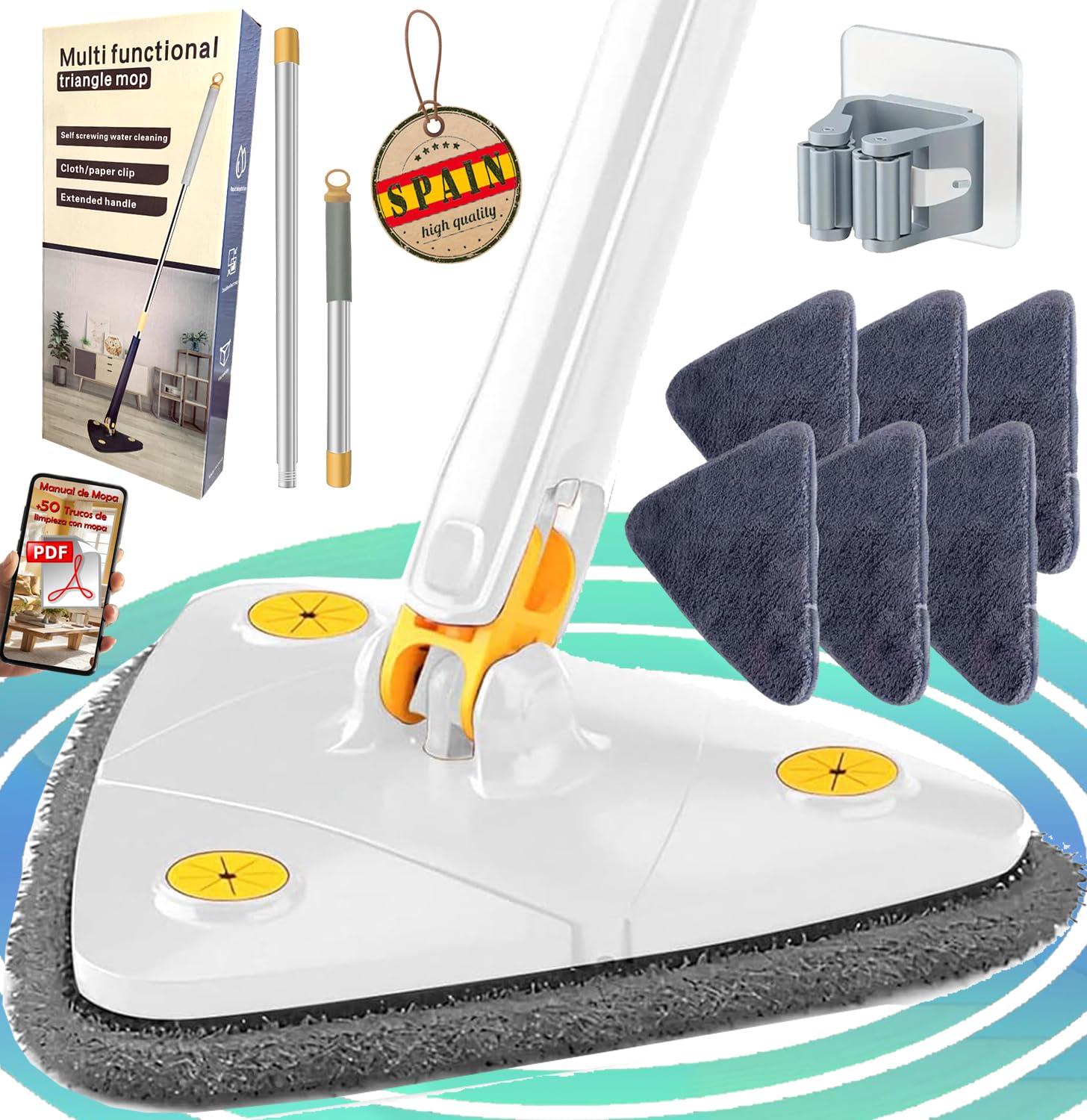 Mop bianco triangolare girevole 360 per pulire piastrelle e pareti, mocio autogocciolante in microfibra, appendiabiti, 3 panni, spazzola per guarnizioni, manuale e trucchi. Mop per soffitti e