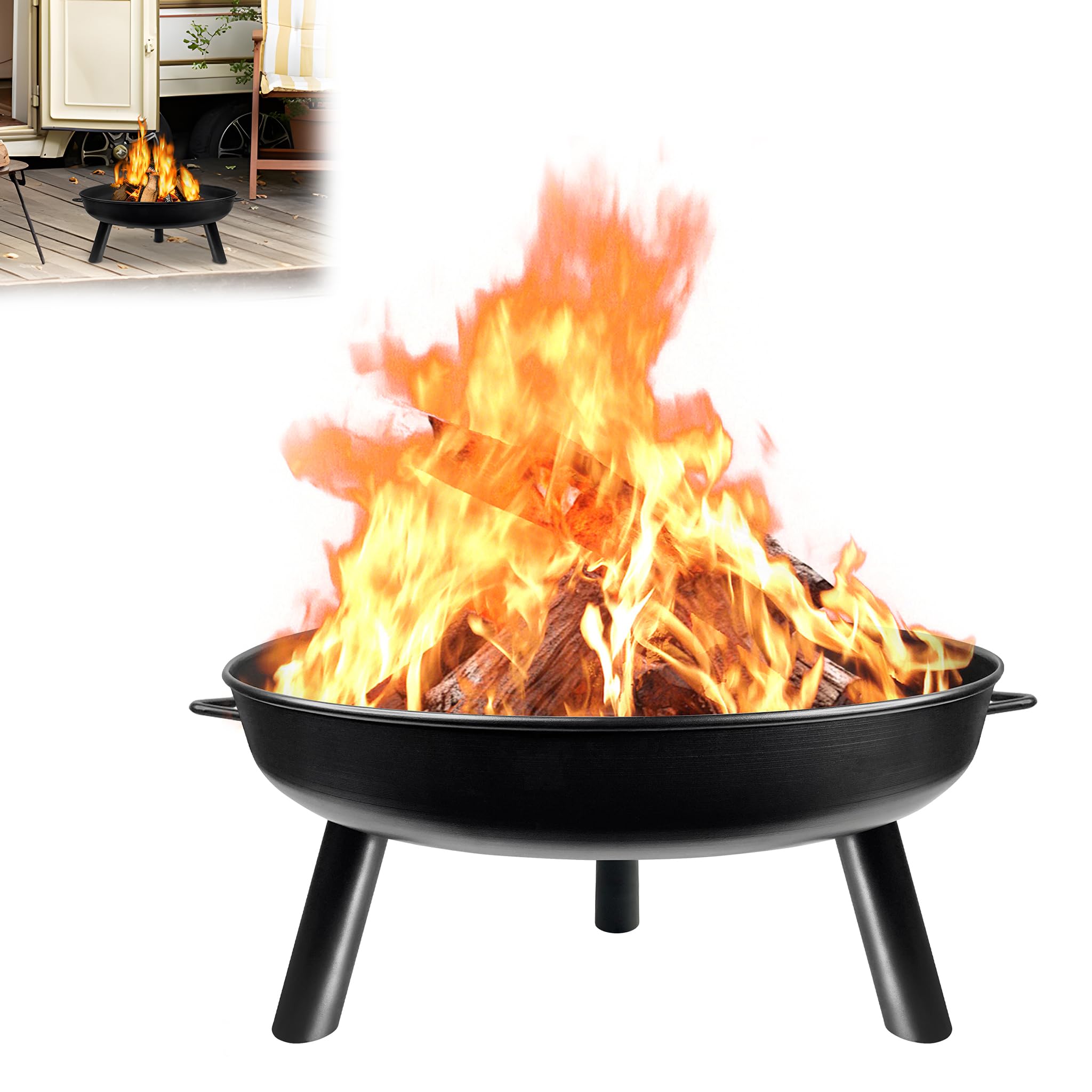 YRHome Palenisko Ø 80 cm wraz z pogrzebaczem, palenisko ogrodowe, żeliwo, metalowa misa do ogrodu, na taras, przytulna, metalowa misa z uchwytami, zdejmowane nogi