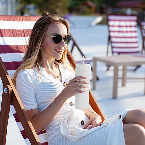 Miniatura 88 de Volhoply Paquete de 4 vasos delgados de plástico de 20 onzas, vaso de doble pared con tapa y pajilla, taza de café helado de viaje, reutilizable