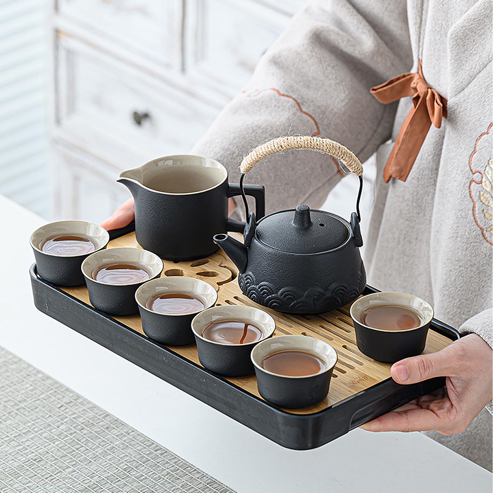 Servizio da tè giapponese, set da 14 teiere cinesi, set da tè portatile Kungfu, in ceramica nera con 6 tazze da tè e vassoio, set da tè tradizionale in ceramica per amanti del tè