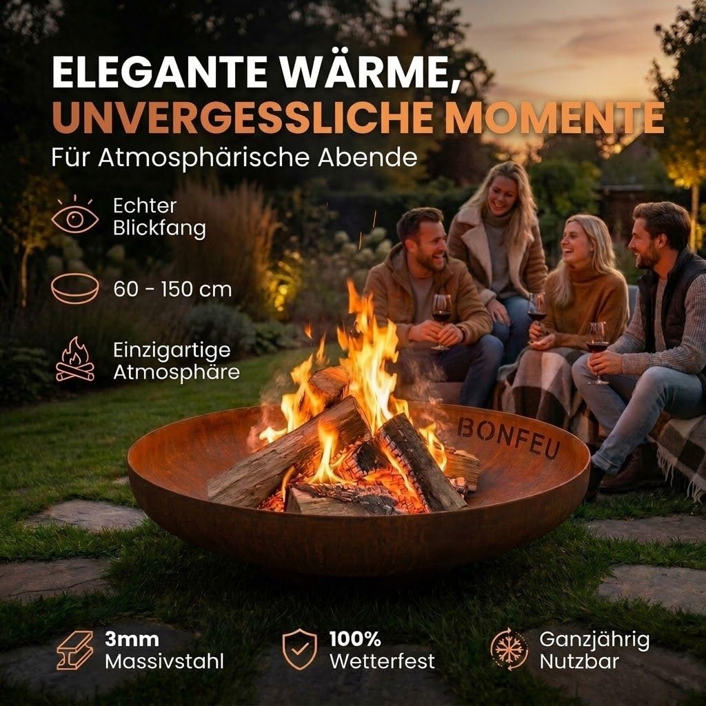 BonFeu BonBowl Feuerschale 80 cm - Feuerschalen für den Garten - Feuerstelle Outdoor - Feuerschale mit Opt. Grillrost aus hochwertigem Cortenstahl - Feuerkorb für den Garten - 80x80x21 cm